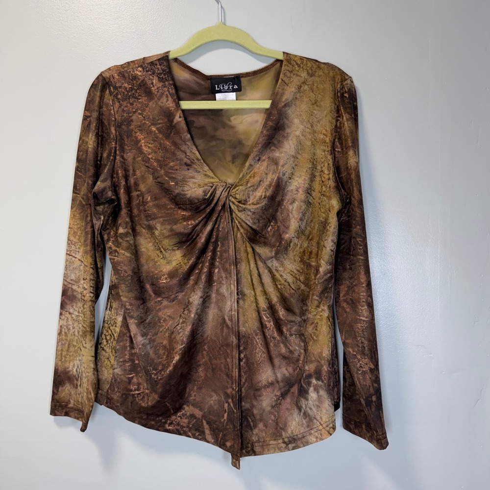 Libra Womens V-Neck Knot Front Abstract Earth Tone Long Sleeve‎ Top Brown Large